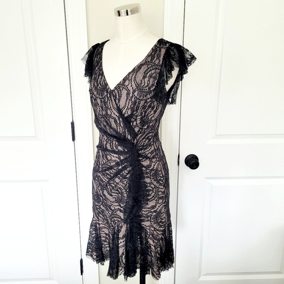 Black Lace Ruffle Dress Glam Special Occasion Classic Party Fall Spring Summer - Picture 6 of 7